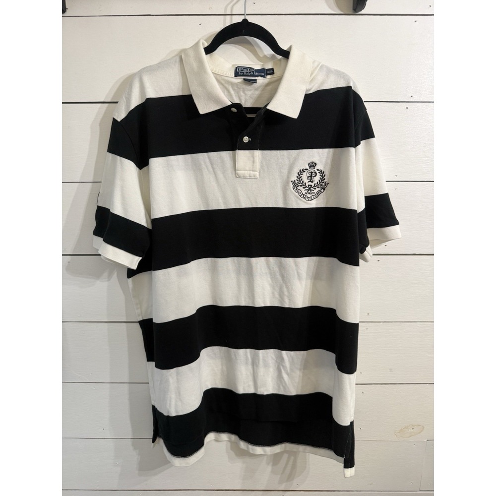 VTG Polo Ralph Lauren Mens XXL Black White Rugby Polo Striped Crest Logo